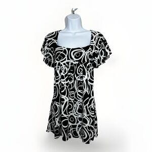 VTG‎ Womens Y2K Babydoll Top 2X Black White Abstract Empire Waist Flutter Sleeve